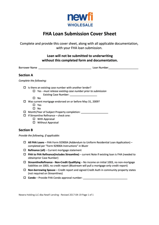 Fha Loan Submission Cover Sheet