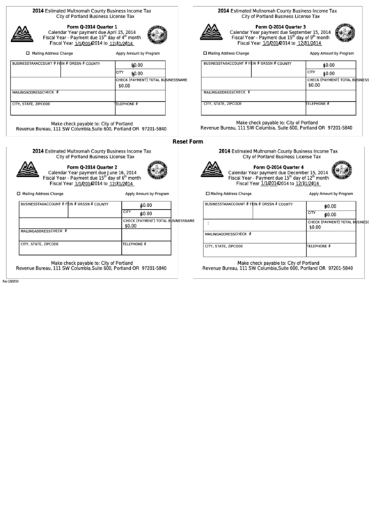 Fillable Form Q-2014 - Estimated Multnomah County Business Income Tax - City Of Portland Business License Tax - 2014 Printable pdf