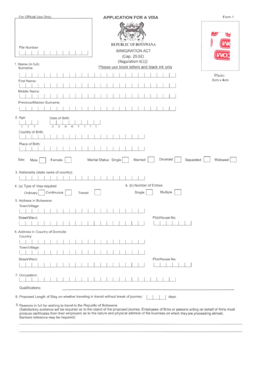 Application For A Visa - Imigration Act Printable pdf