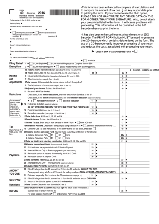 Fillable Form 40 - Individual Income Tax Return - 2016 Printable pdf