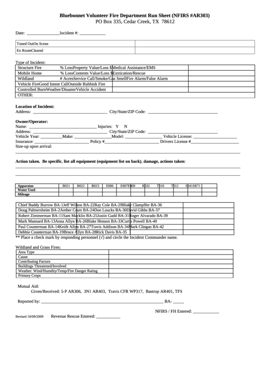 Bluebonnet Volunteer Fire Department Run Sheet (Nfirs #ar303) Printable pdf