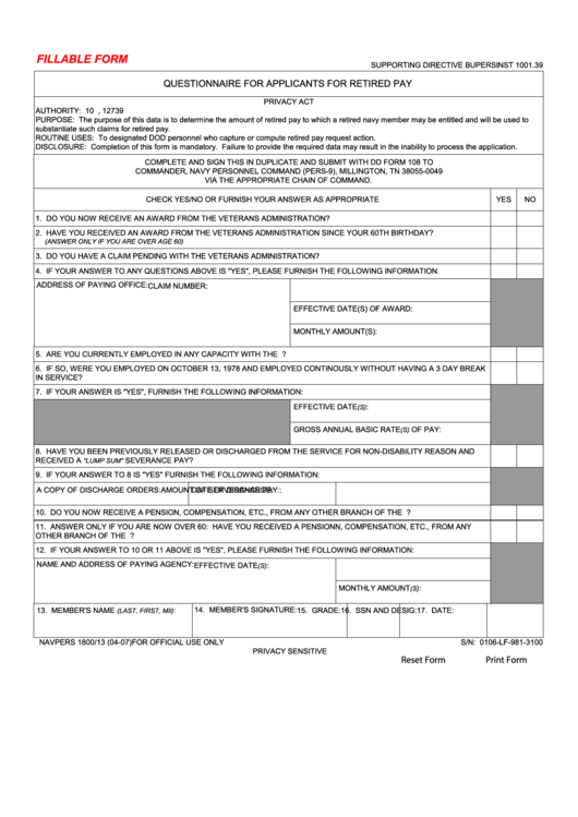Fillable Form Navpers 1800/13 - Questionnaire For Applicants For Retired Pay Printable pdf