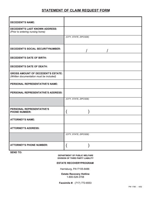 Form Pw-1780 - Statement Of Claim Request Form printable pdf download