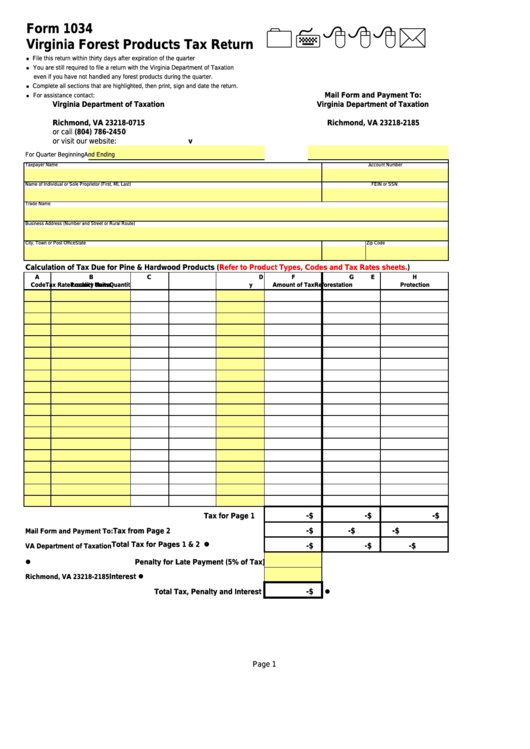Form 1034 - Virginia Forest Products Tax Return - Department Of Taxation Printable pdf