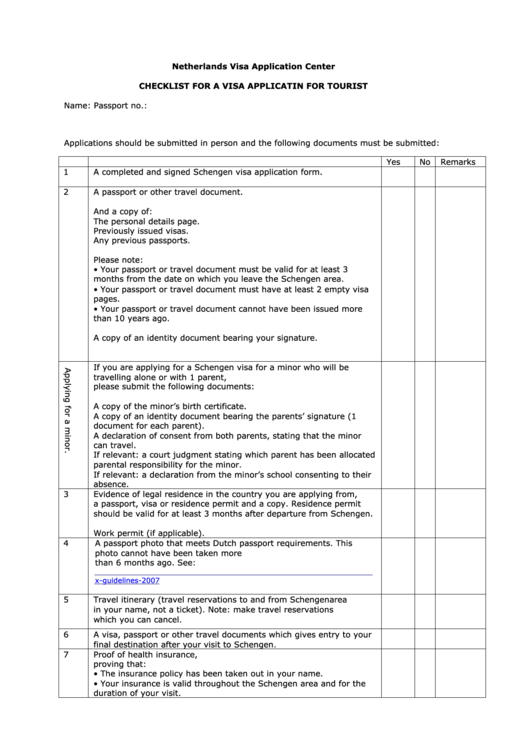 Checklist For A Visa Applicatin For Tourist - Netherlands Visa Application Center Printable pdf