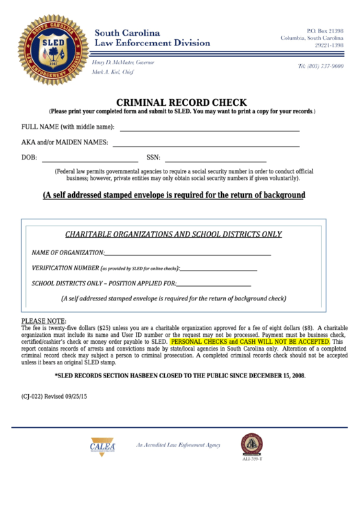 Fillable Form Cj-022 - Criminal Record Check Printable pdf