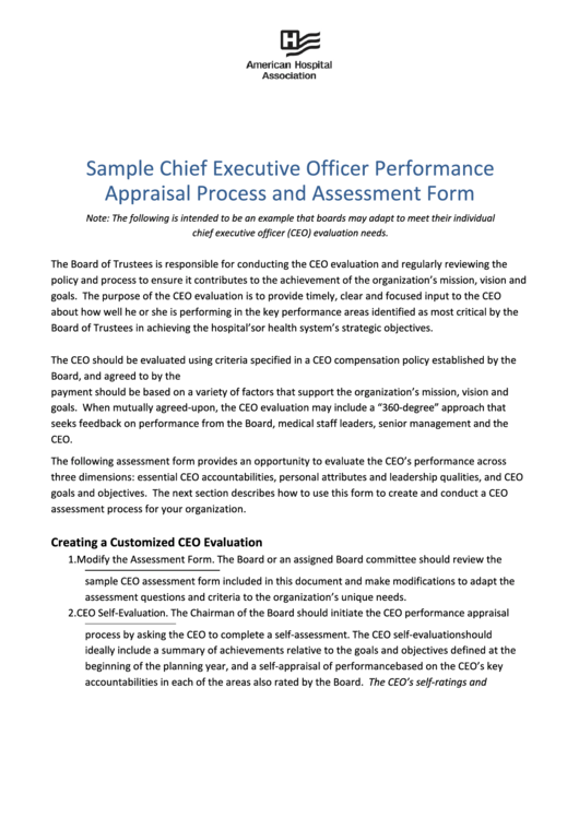 Sample Chief Executive Officer Performance Appraisal Process And Assessment Form