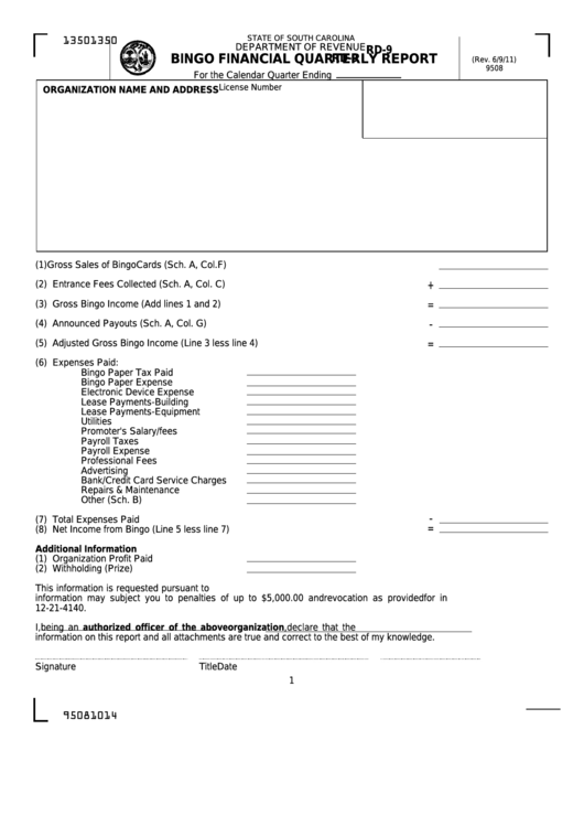 Form Rd-9 - Bingo Financial Quarterly Report Printable pdf