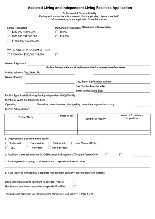 Fillable Assisted Living And Independent Living Facilities Application Printable pdf