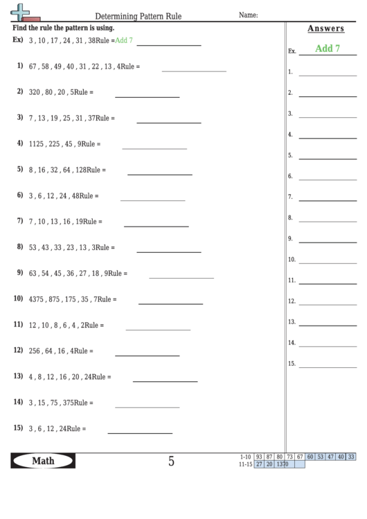 Determining Pattern Rule Worksheet Template With Answer Key printable ...