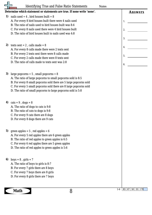 Mathidentifying True And False Ratio Statements Worksheet Template With Answer Key Printable pdf