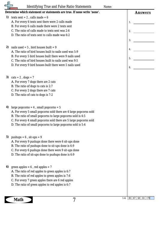 Mathidentifying True And False Ratio Statements Worksheet Template With Answer Key Printable pdf