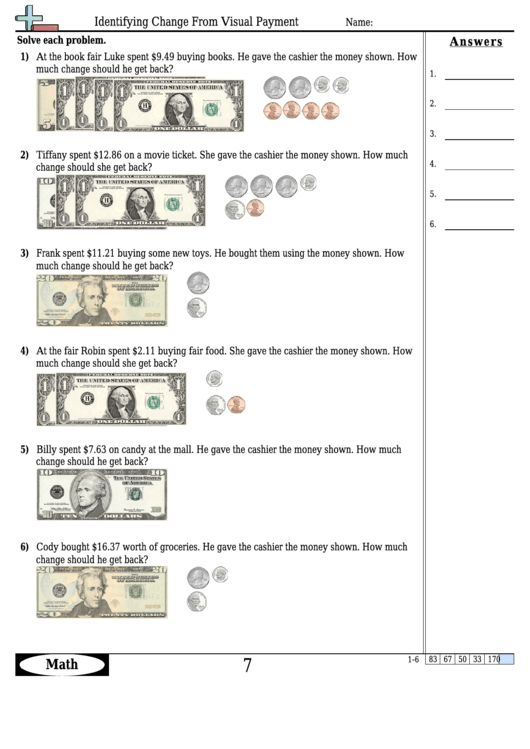 Identifying Change From Visual Payment Worksheet Template With Answer Key Printable pdf