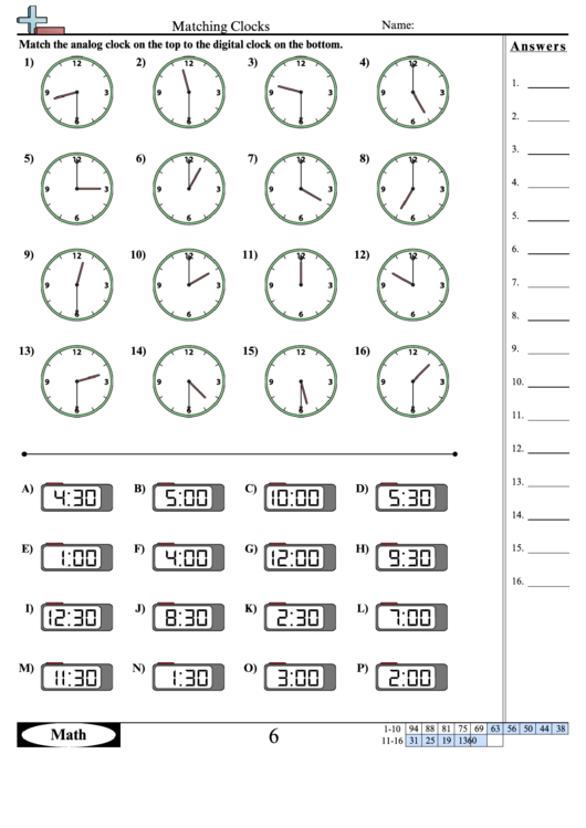 Matching Clockst Worksheet Template With Answer Key Printable pdf