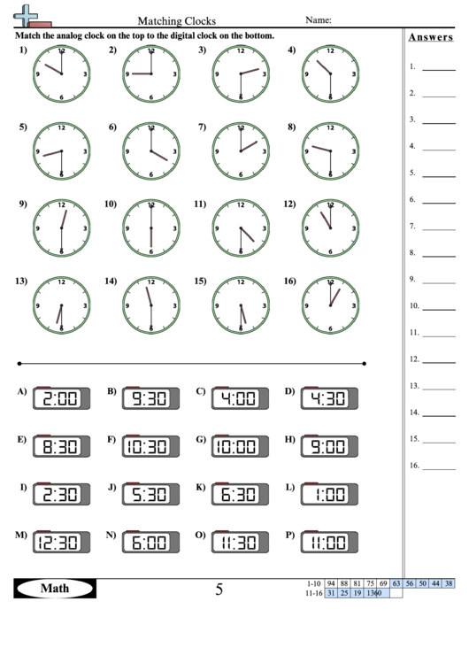 Matching Clockst Worksheet Template With Answer Key Printable pdf