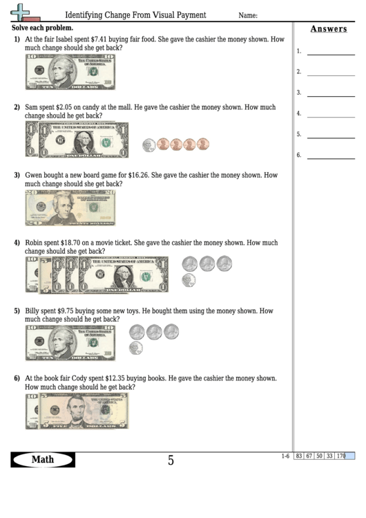 Identifying Change From Visual Payment Worksheet Template With Answer Key Printable pdf
