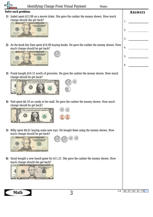Identifying Change From Visual Payment Worksheet Template With Answer Key Printable pdf