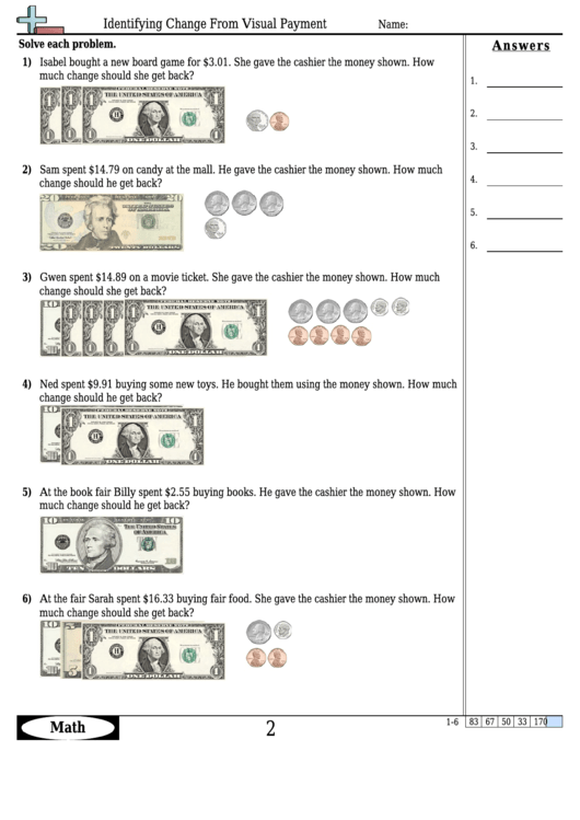 Identifying Change From Visual Payment Worksheet Template With Answer Key Printable pdf