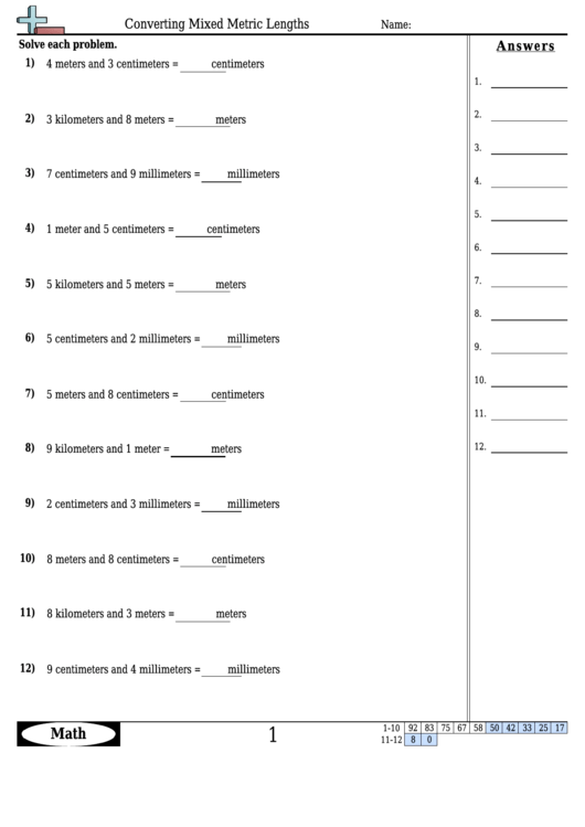 Converting Mixed Metric Lengths Worksheet Template With Answer Key Printable pdf