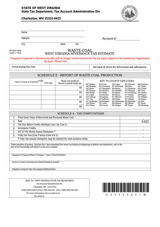 Fillable Form Wv/sev-400w - Waste Coal - West Virginia Severance Tax Estimate Printable pdf