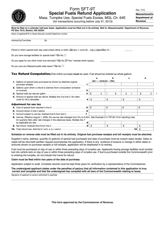 Fillable Form Sft-9t - Special Fuels Refund Application Printable pdf