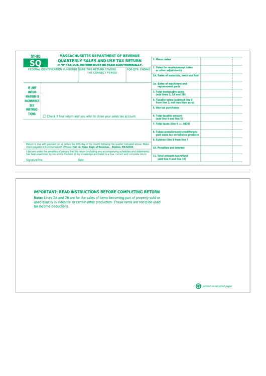 Fillable Form St-9q - Quarterly Sales And Use Tax Return - Massachusetts Department Of Revenue Printable pdf