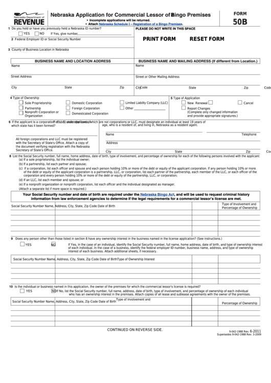 Fillable Form 50b - Nebraska Application For Commercial Lessor Of A Bingo Premises Printable pdf