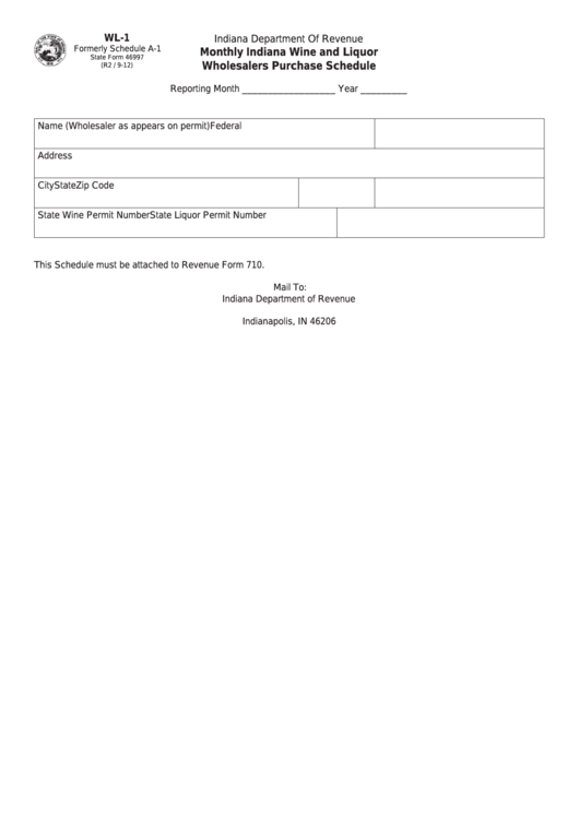 Fillable Form Wl-1 - Monthly Indiana Wine And Liquor Wholesalers Purchase Schedule Printable pdf