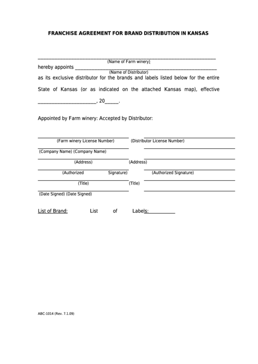 Form Abc-1014 - Franchise Agreement For Brand Distribution In Kansas Printable pdf