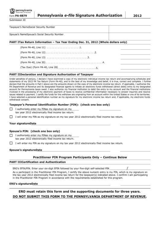 Form Pa-8879 - Pennsylvania E-File Signature Authorization - 2012 Printable pdf