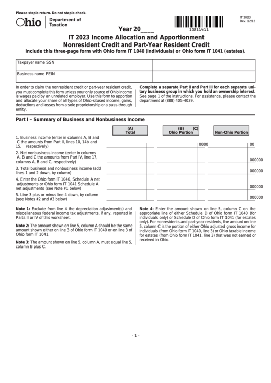 Form It 2023 Income Allocation And Apportionment Printable Pdf Download ...