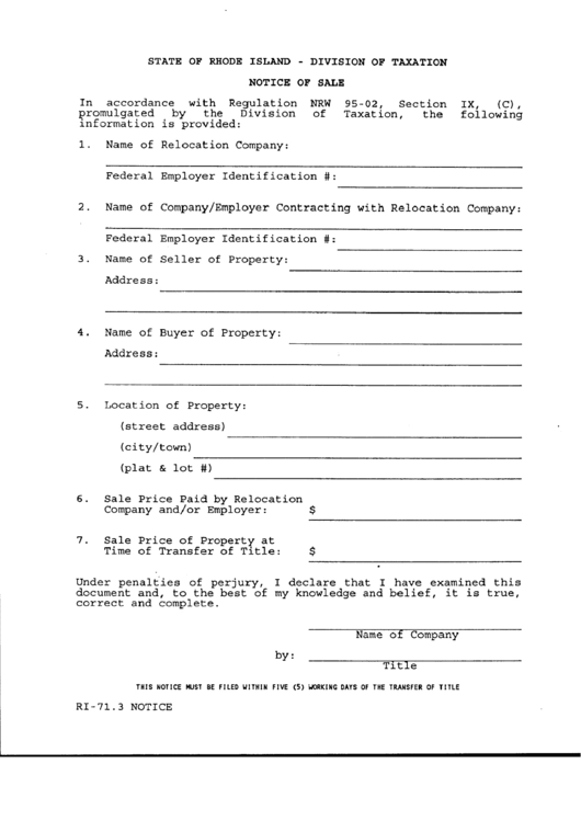 Form Ri-71.3 - Notice Of Sale Printable pdf
