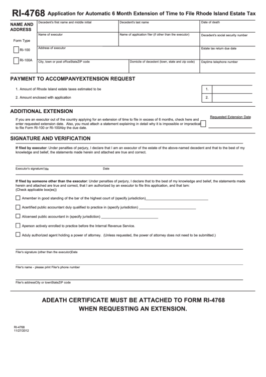 Fillable Form Ri-4768 - Application For Automatic 6 Month Extension Of Time To File Rhode Island Estate Tax Printable pdf