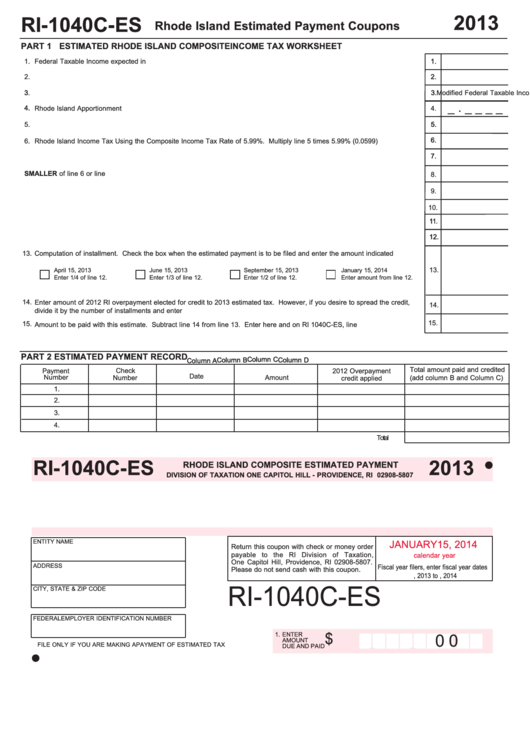 Fillable Form Ri-1040c-Es - Rhode Island Estimated Payment Coupons - 2013 Printable pdf