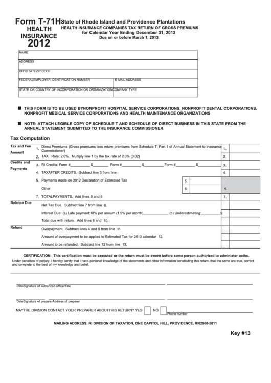 Fillable Form T-71h - Health Insurance Companies Tax Return Of Gross Premiums - 2012 Printable pdf
