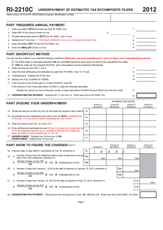 Fillable Form Ri-2210c - Underpayment Of Estimated Tax By Composite Filers - 2012 Printable pdf