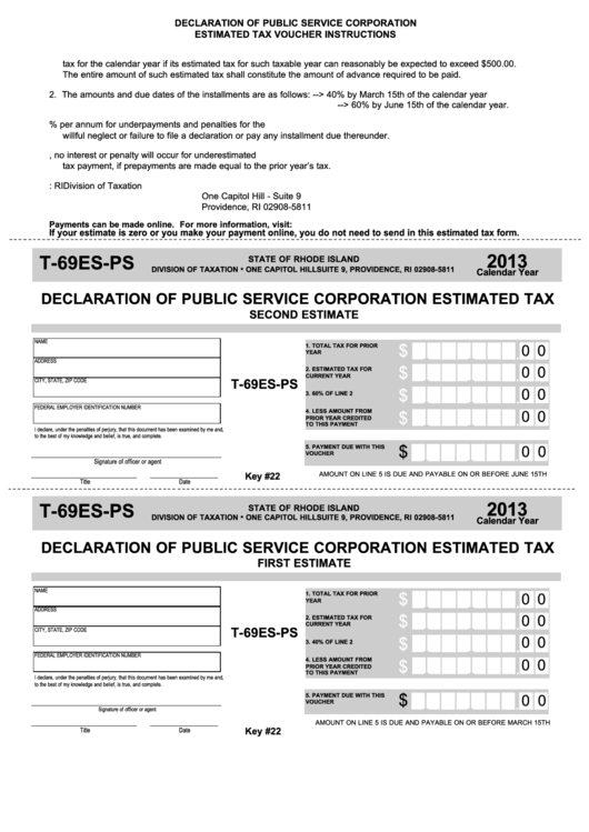 Fillable Form T-69es-Ps - Declaration Of Public Service Corporation Estimated Tax - 2013 Printable pdf