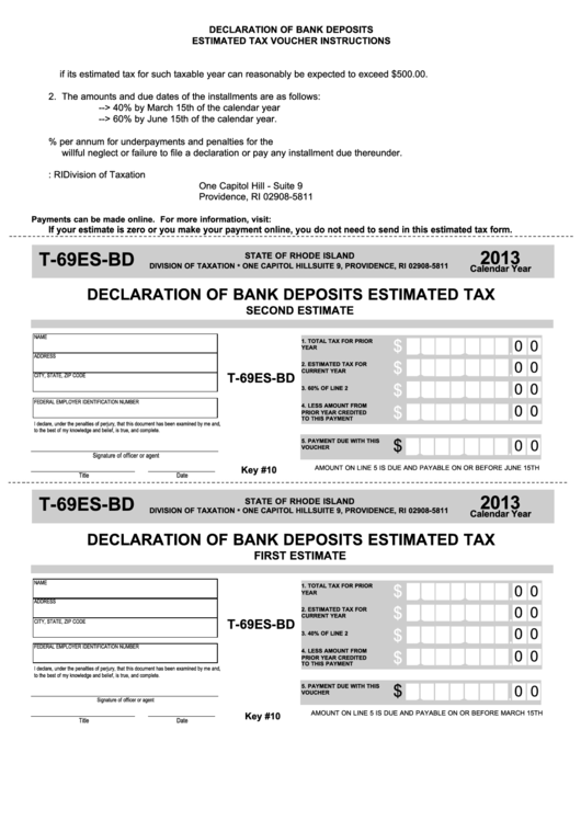 Fillable Form T-69es-Bd - Declaration Of Bank Deposits Estimated Tax - 2013 Printable pdf