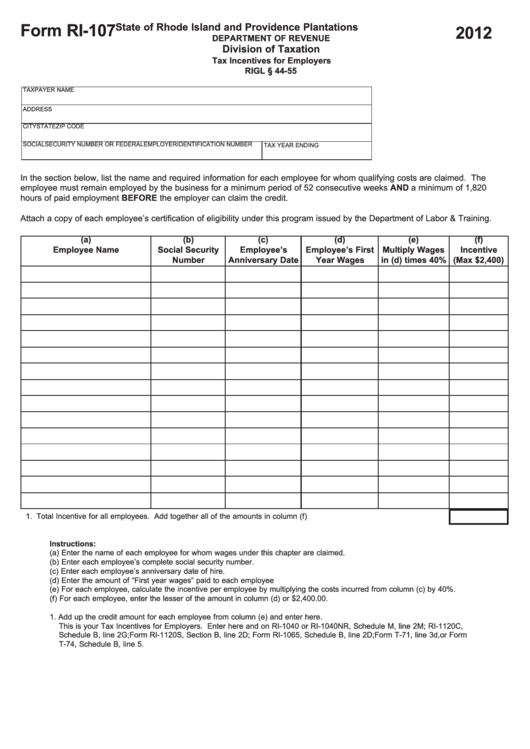 Fillable Form Ri-107 - Tax Incentives For Employers - 2012 Printable pdf
