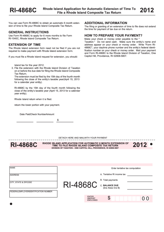 Fillable Form Ri-4868c - Rhode Island Application For Automatic 6 Month Extension Of Time To File Rhode Island Composite Tax Return - 2012 Printable pdf
