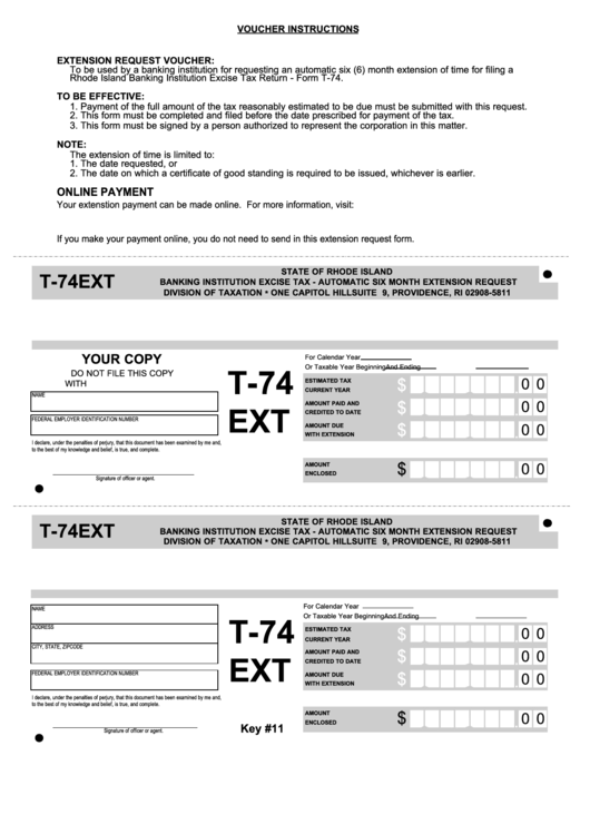 Fillable Form T-74ext - Banking Institution Excise Tax - Automatic Six Month Extension Request Printable pdf