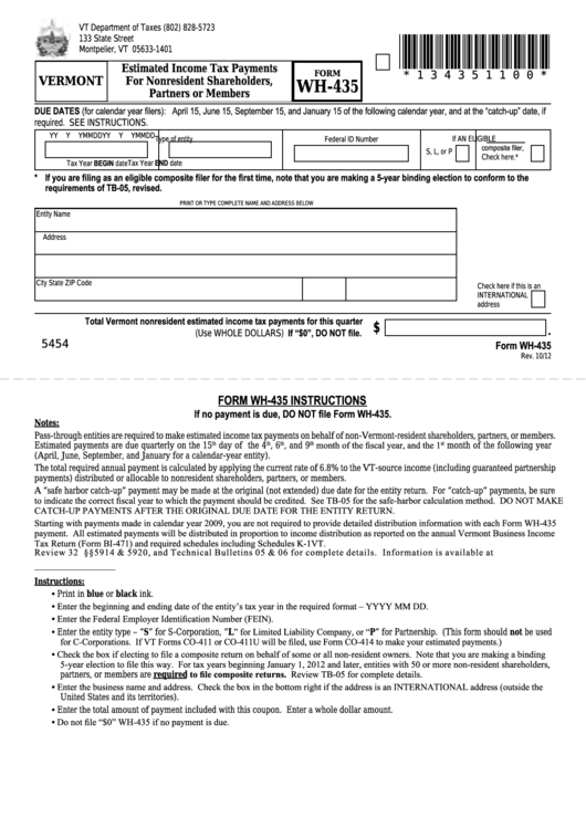 Form Wh435 Vermont Estimated Tax Payments For Nonresident