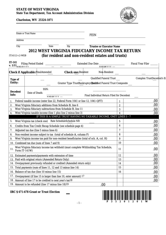 Form It-141 - West Virginia Fiduciary Income Tax Return - 2012 Printable pdf