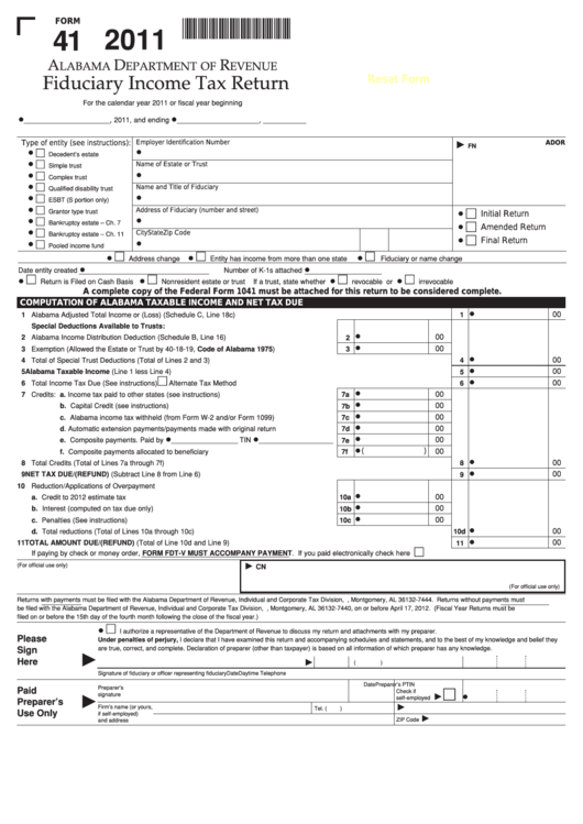 Fillable Form 41 - Alabama Fiduciary Income Tax Return - 2011 Printable pdf