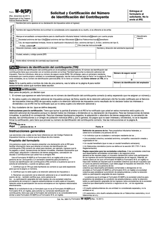 Form W-9(sp) - Solicitud Y Certificacion Del Numero De Identificacion Del Contribuyente - 2011
