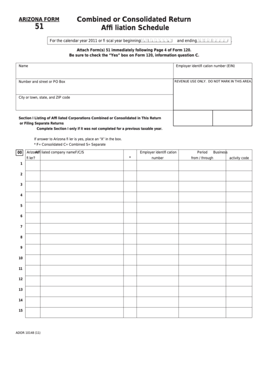 Fillable Arizona Form 51 - Combined Or Consolidated Return Affi Liation Schedule Printable pdf