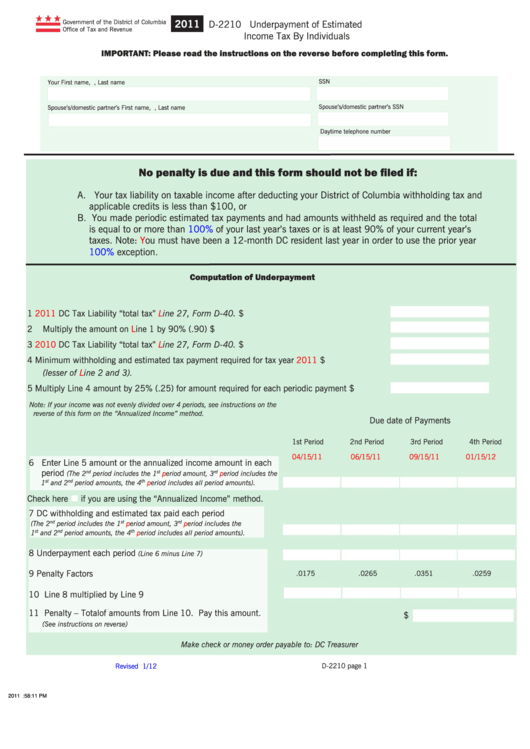 Form D-2210 - Underpayment Of Estimated Income Tax By Individuals - 2011 Printable pdf