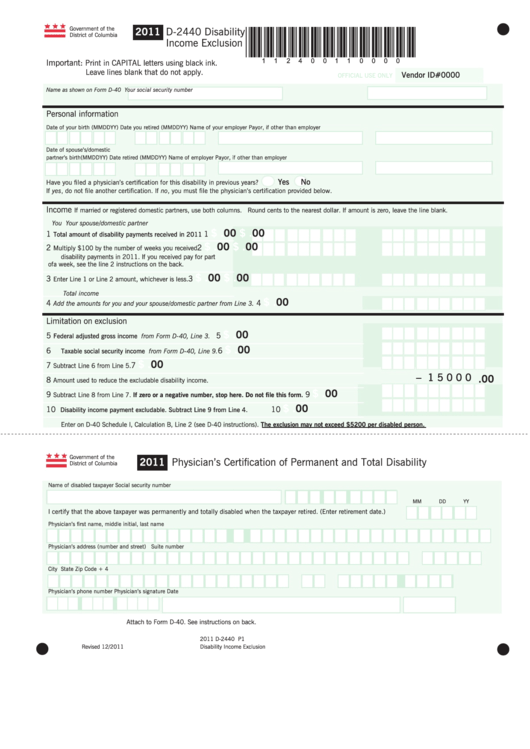 Form D-2440 - Disability Income Exclusion - 2011 Printable pdf