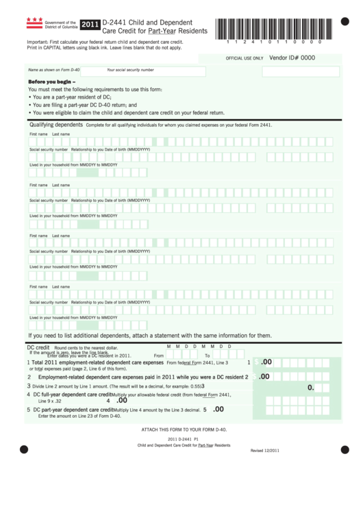 Form D-2441 - Child And Dependent Care Credit For Part-year Residents - 2011