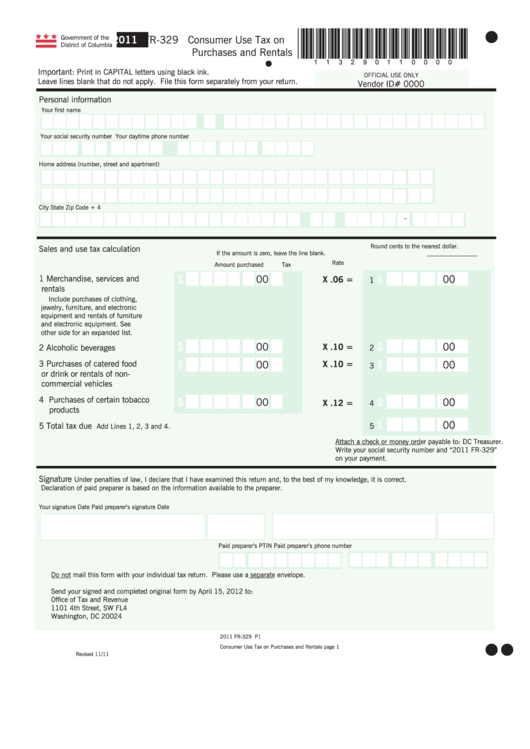 Form Fr-329 - Consumer Use Tax On Purchases And Rentals - 2011